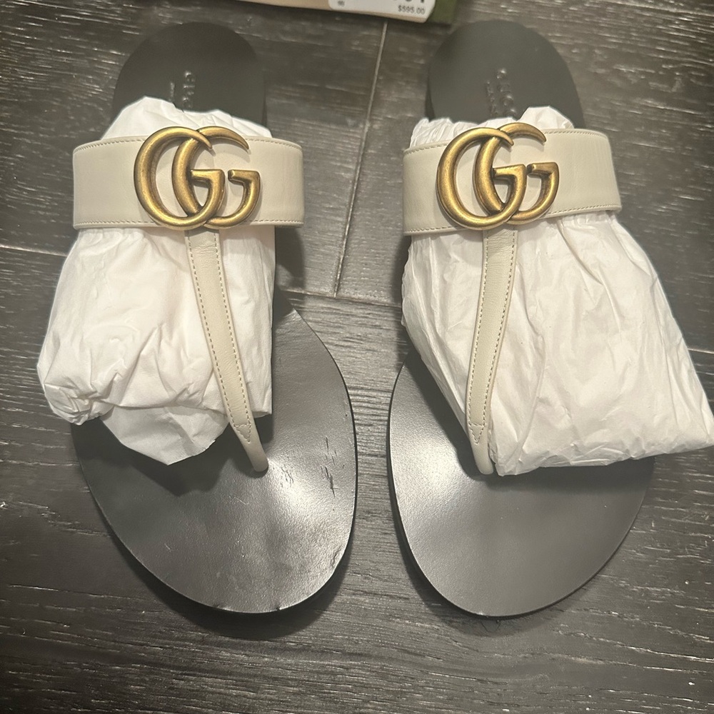 MYSTIC (White) Gucci Leather Double G Thong Sandal (Marmont Sandal)